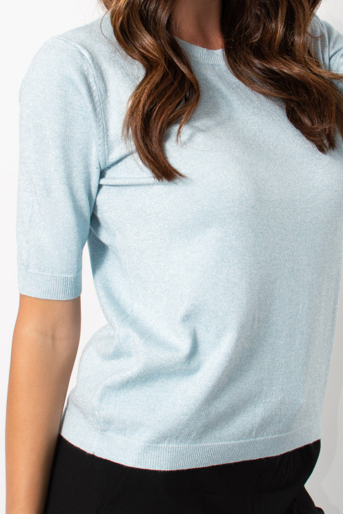 Short Sleeve Lurex Top - Light Blue | Exxes Fashion