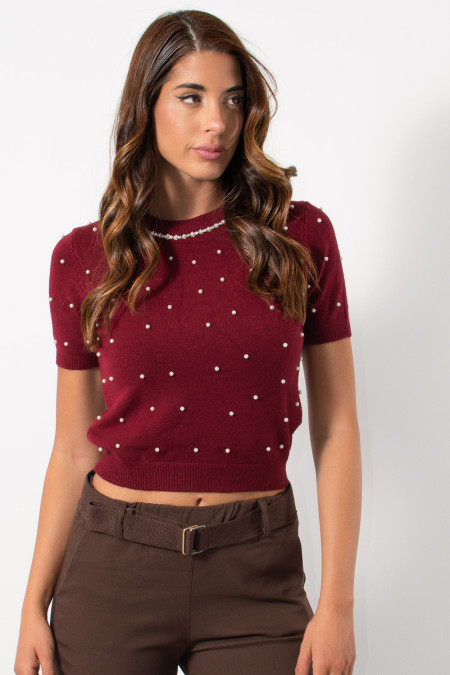 Short Sleeve Top with Pearls - Bordeaux| Exxes Fashion