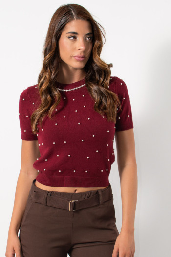 Short Sleeve Top with Pearls - Bordeaux| Exxes Fashion
