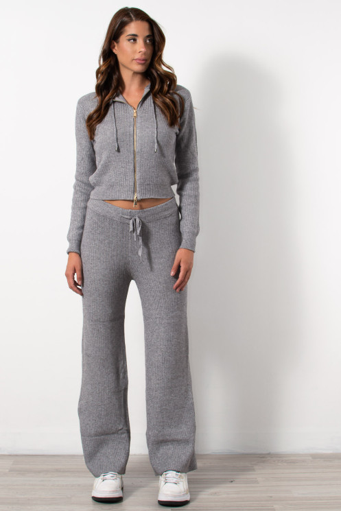Knitted Cardigan & Trousers Set - Grey