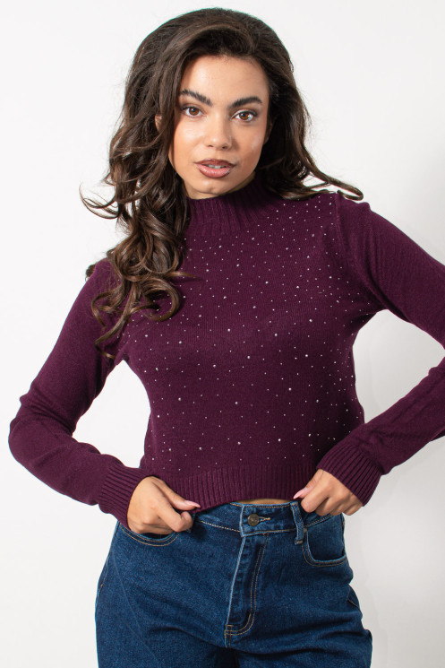 Knitted Crop Top with Rhinestones - Plum