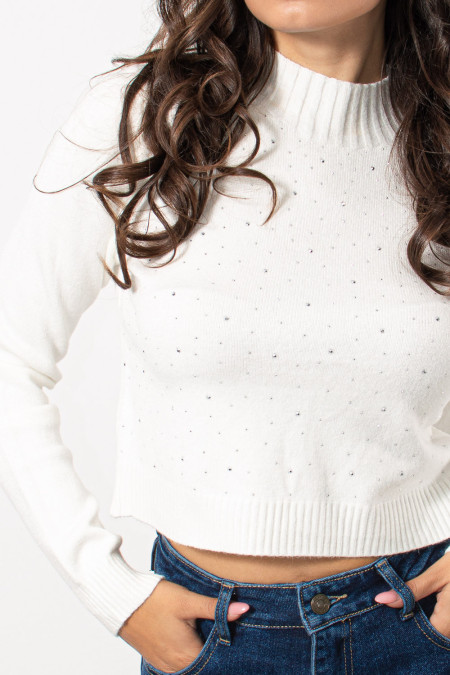 Knitted Crop Top with Rhinestones - White 2