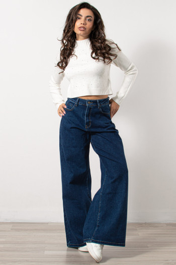 Knitted Crop Top with Rhinestones - White