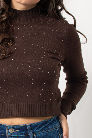 Knitted Crop Top with Rhinestones - Brown