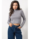 Knitted Crop Top with Rhinestones - Grey