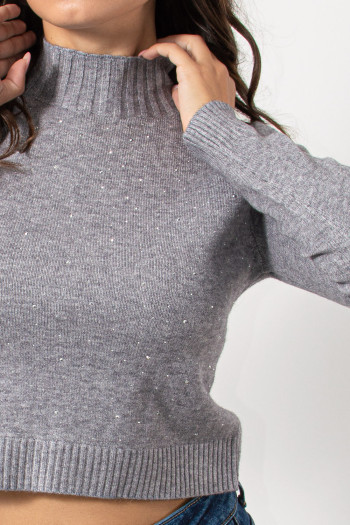 Knitted Crop Top with Rhinestones - Grey