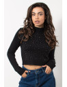 Knitted Crop Top with Rhinestones - Black