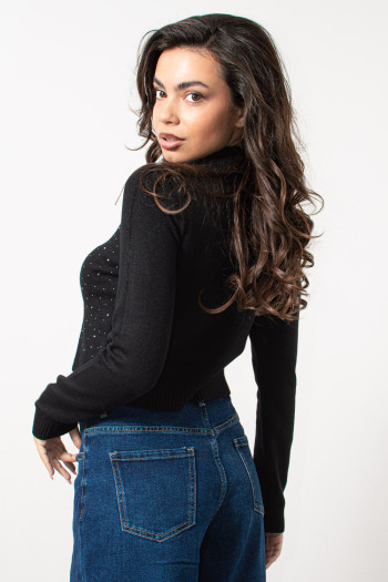 Knitted Crop Top with Rhinestones - Black