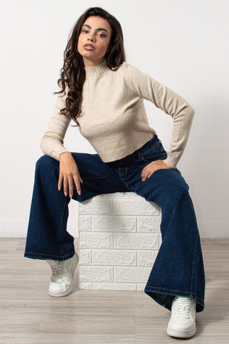 Knitted Crop Top with Rhinestones - Cream
