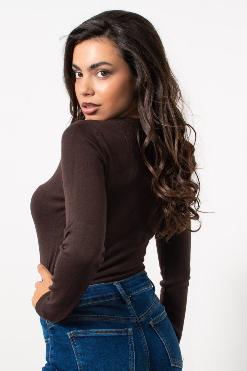 Long Sleeve Knitted Top - Brown | Exxes Fashion