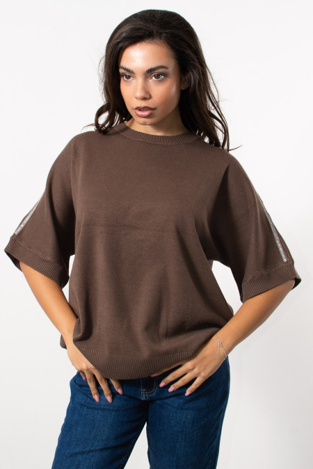 Oversized Knit with Rhineston Shoulder - Chocolate