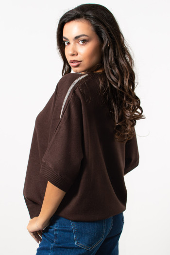 Oversized Knit with Rhineston Shoulder - Brown