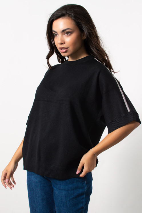 Oversized Knit with Rhineston Shoulder - Black