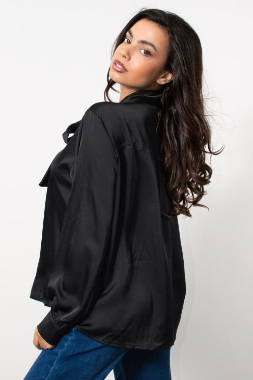 Satin Shirt with Necktie - Black | Exxes Fashion