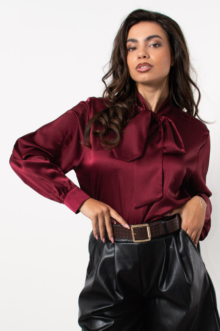 Satin Shirt with Necktie - Wine Red | Exxes Fashion 2