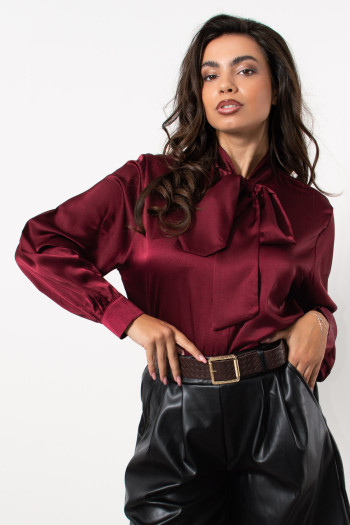 Satin Shirt with Necktie - Wine Red | Exxes Fashion