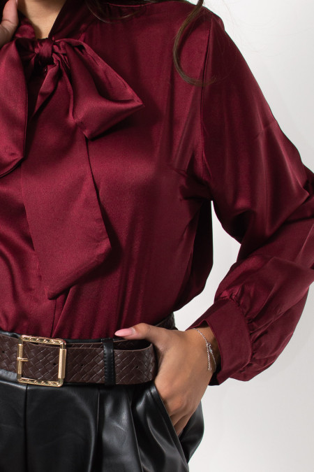 Satin Shirt with Necktie - Wine Red | Exxes Fashion