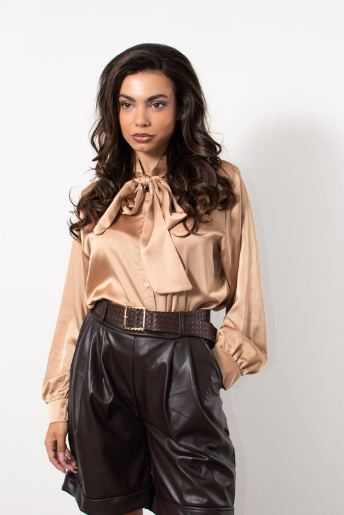 Satin Shirt with Necktie - Beige | Exxes Fashion