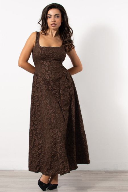 Textured Floral Dress - Brown