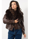 Faux Leather Jacket with Fur - Brown