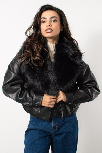 Faux Leather Jacket with Fur - Black