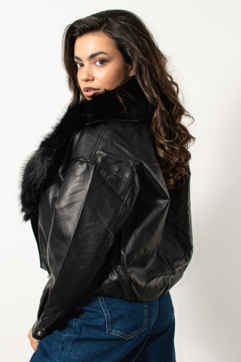 Faux Leather Jacket with Fur - Black