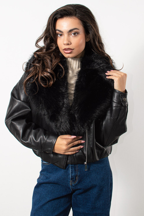 Faux Leather Jacket with Fur - Black