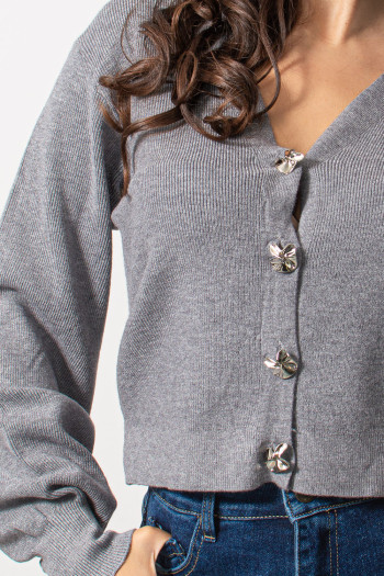 Knitted Cardigan with Golden Buttons - Grey | Exxes Fashion