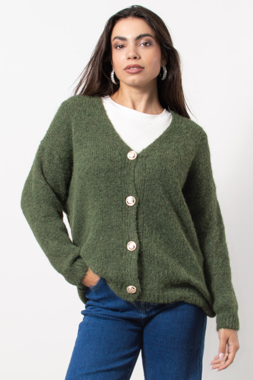 Fluffy Knitted Cardigan - Khaki