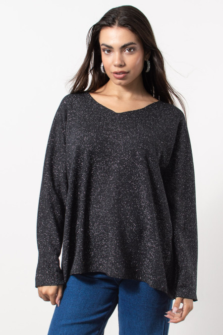Knitted Oversized Top with Metallic Thread - Charcoal