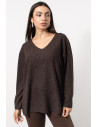 Knitted Oversized Top with Metallic Thread - Brown