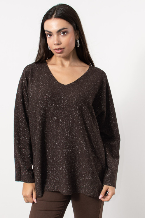Knitted Oversized Top with Metallic Thread - Brown