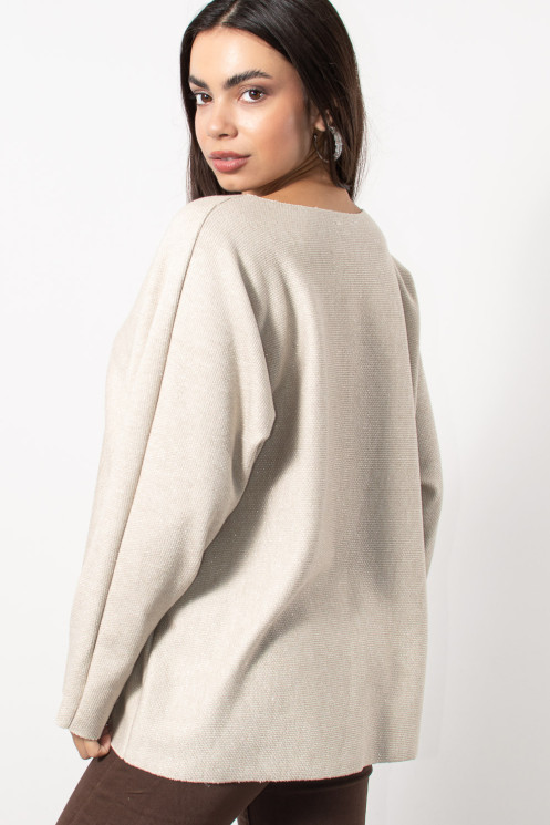 Knitted Oversized Top with Metallic Thread - Cream