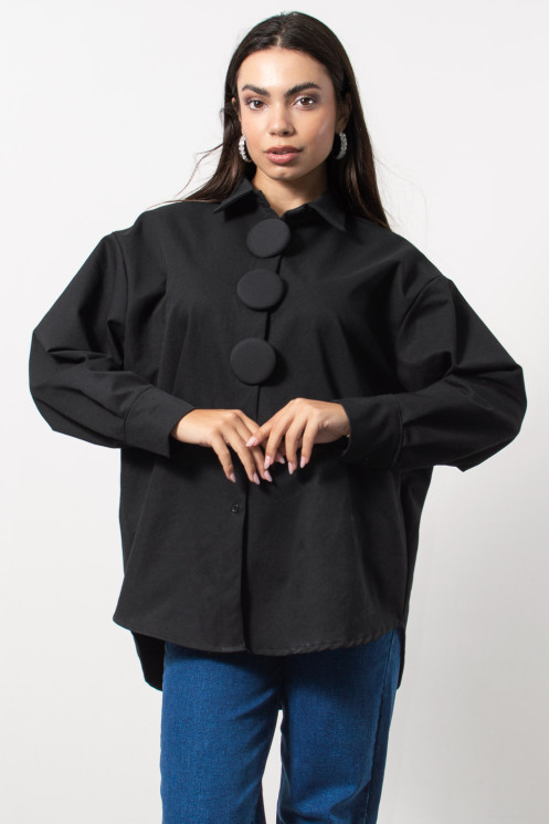 Overshirt with Button - Black
