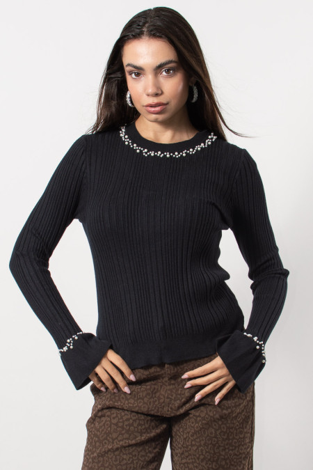 Knitted Top with Pearls - Black