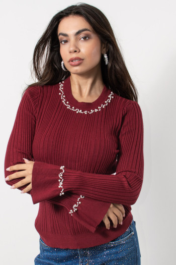 Knitted Top with Pearls - Burgundy