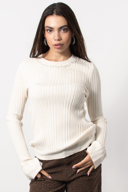 Knitted Top with Pearls - Cream