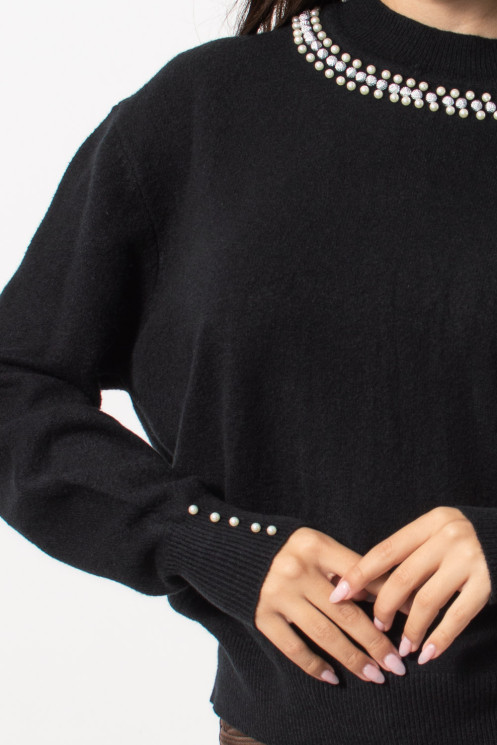 Knitted Blouse with Pearls - Black