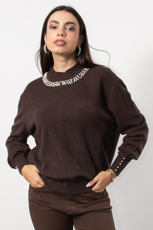 Knitted Blouse with Pearls - Brown
