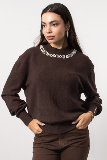 Knitted Blouse with Pearls - Brown