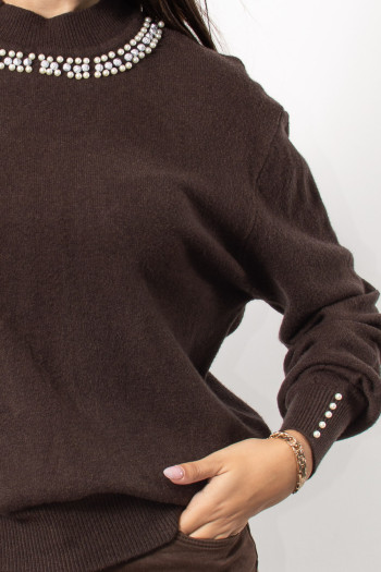 Knitted Blouse with Pearls - Brown