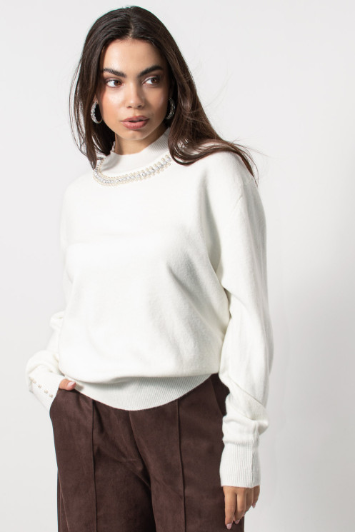 Πλεκτή Μπλούζα με Πέρλες - Λευκό