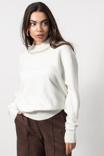 Knitted Blouse with Pearls - White