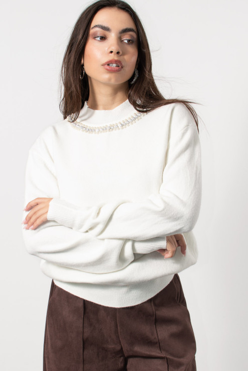 Knitted Blouse with Pearls - White