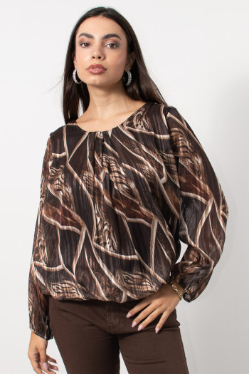 Printed Blouse with Metallic Thread - Brown