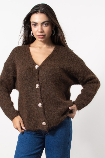 Fluffy Knitted Cardigan - Brown
