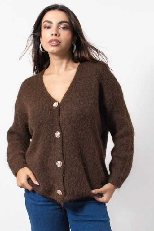 Fluffy Knitted Cardigan - Brown