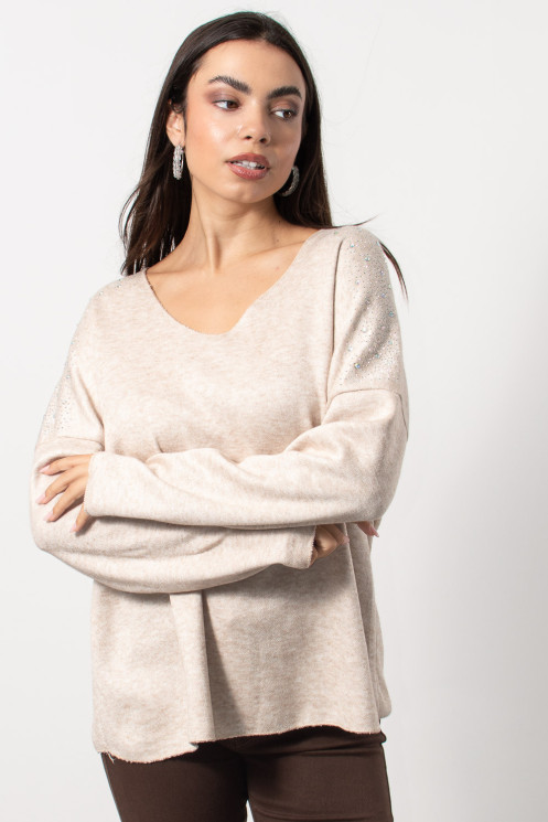 Blouse with Rhinestones on Shoulders - Cream