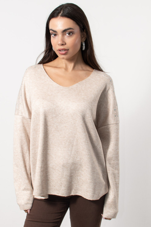 Blouse with Rhinestones on Shoulders - Cream