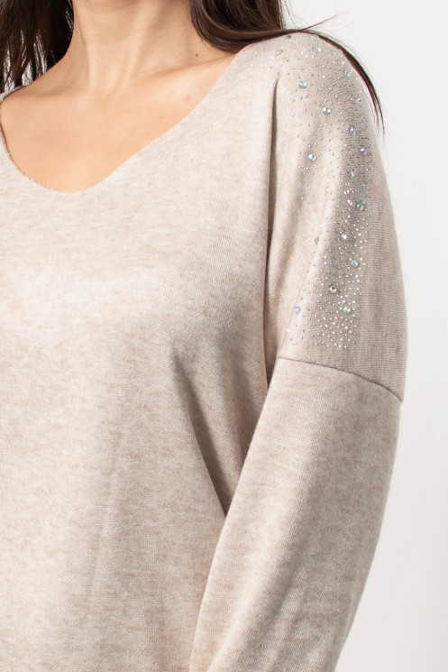 Blouse with Rhinestones on Shoulders - Cream